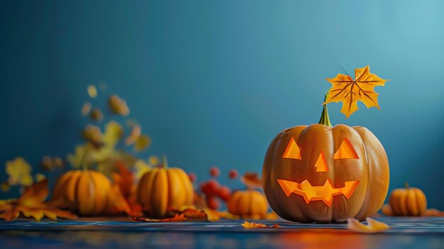 This is a 3D rendering of a jackolantern The pumpkin has a carved face with a smile and is lit by a candle inside