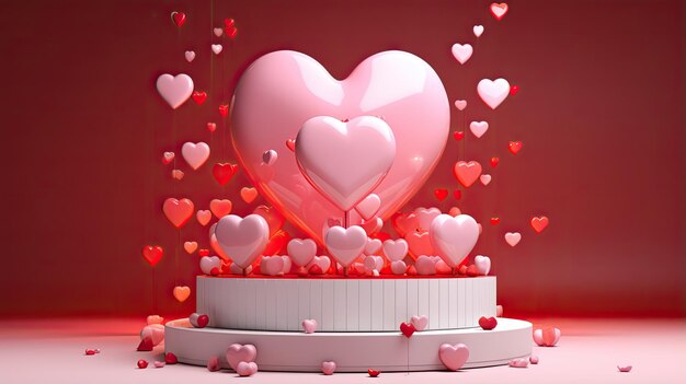 This is a 3D rendering of a pink heartshaped balloon on a podium The background is a gradient of pink and red