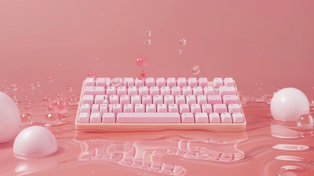 This is a 3D rendering of a pink keyboard floating on a pink liquid The keyboard is surrounded by small floating spheres