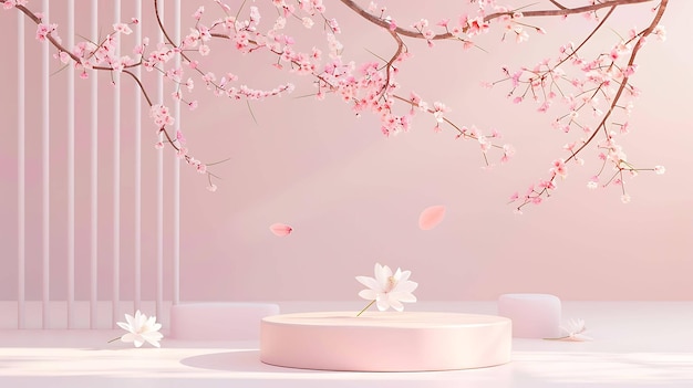 This is a 3D rendering of a pink podium with a cherry blossom tree