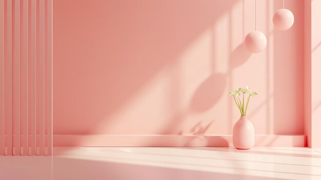 Photo this is a 3d rendering of a pink room with a vase of white flowers the room is lit by a soft pink light