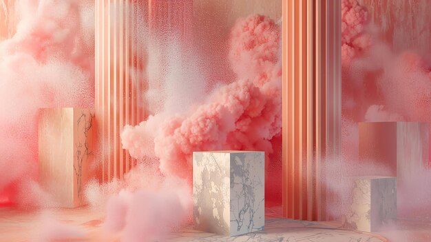 This is a 3D rendering of a pink and white abstract scene There are pink clouds and a white marble podium in the center