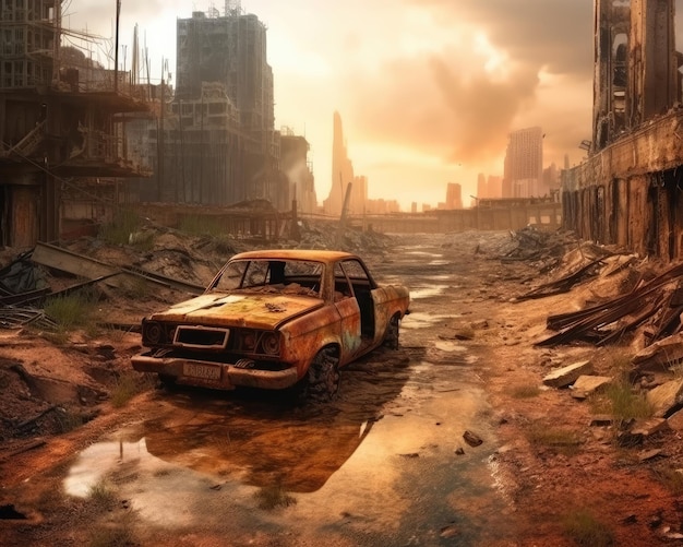 This is a 3D rendering of a postapocalyptic ruined city Illustration Generative AI