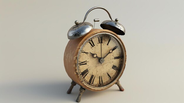 Photo this is a 3d rendering of a vintage alarm clock the clock is made of metal and has a round face with a white dial and black numbers