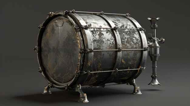 Photo this is a 3d rendering of a vintage bass drum the drum is made of metal and has a rustic aged appearance