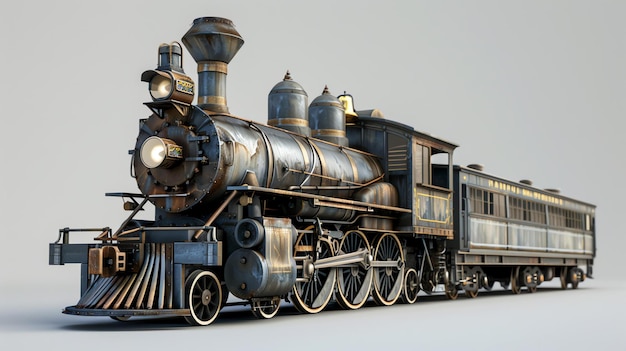 Photo this is a 3d rendering of a vintage steam locomotive the train is made of metal and has a black and brown color scheme