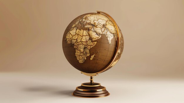 Photo this is a 3d rendering of a vintagelooking globe it is made of metal and has a goldcolored stand the globe is tilted at an angle and is in focus