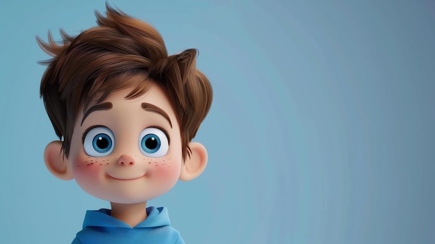Это 3D-рендеринг молодого мальчика с коричневыми волосами и голубыми глазами. Он улыбается и смотрит в камеру.