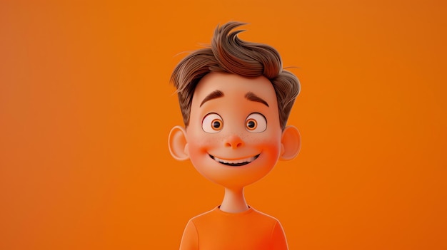 Это 3D-рендеринг молодого мальчика с счастливым выражением лица, он носит оранжевую рубашку, имеет коричневые волосы и коричневые глаза.