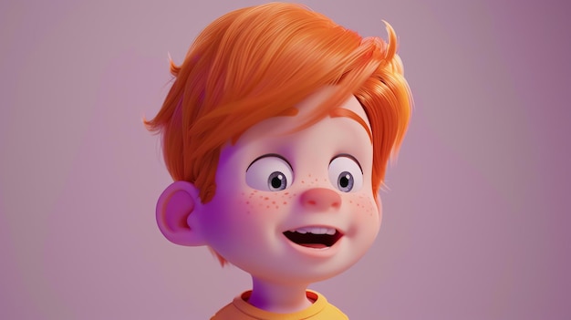 This is a 3D rendering of a young boy with red hair and freckles He is smiling and has his mouth open He is wearing a yellow shirt