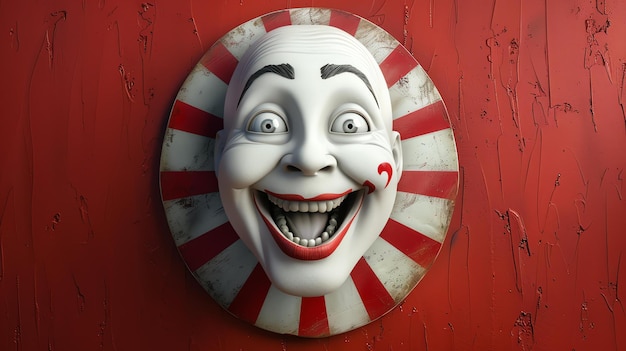 사진 this is a 3d rendering of a clown face the clown has a red nose a big smile and is surrounded by a red and white striped background