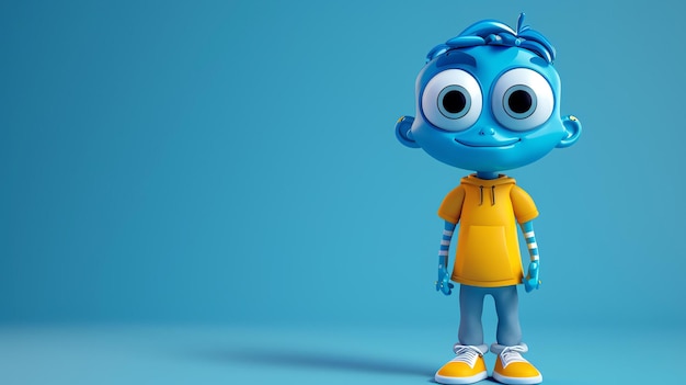 Foto this is a 3d rendering of a happy blue cartoon character he is wearing a yellow shirt and grey pants he has big eyes and a friendly smile