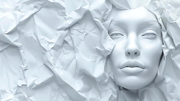 Фото Это 3d-рендеринг женского лица. лицо выходит из скрученной белой поверхности.