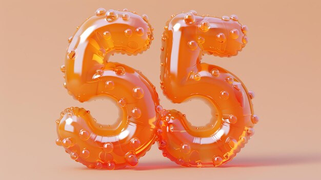 사진 3d 렌더링으로 표시된 숫자 55는 투명한 오렌지색 재료로 만들어졌고 반이는 색으로 마무리되었습니다.