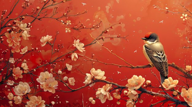 Фото Это красивый и элегантный восточный японский образец фона современный иллюстрация показывает ласточку и цветок пиона на красном фоне иллюстрация может быть использована для декорации