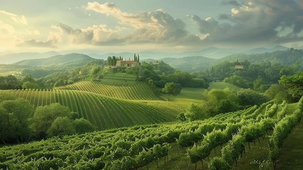 Фото Это прекрасный пейзаж виноградника в тоскане, италия, солнце светит над пышными зелеными холмами и кипарисами.