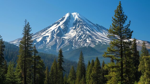 写真 これは前面に緑の木がある遠くの雪に覆われた山の美しい風景写真です