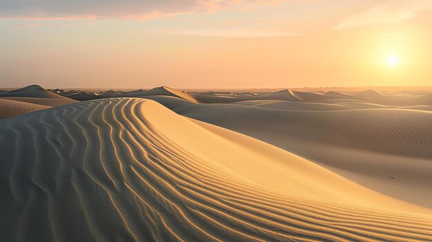 Фото Это прекрасная пейзажная фотография пустыни на закате теплые цвета песка и неба создают мирную и спокойную сцену