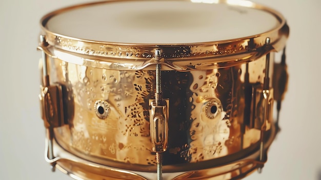 写真 美しい金色のドラムのクローズアップです ドラムは金属でできており 輝く反射表面があります