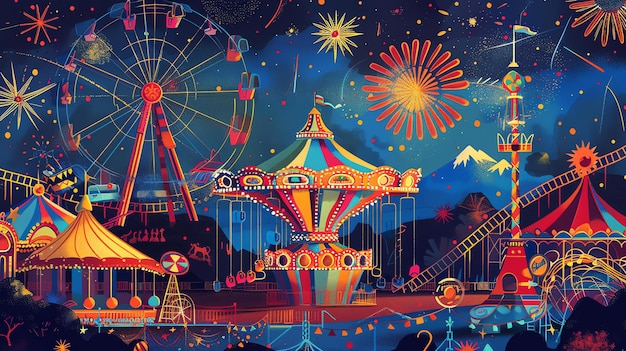 Фото Это красочная иллюстрация парка развлечений в ночное время есть колесо обозрения карусель и американские горки