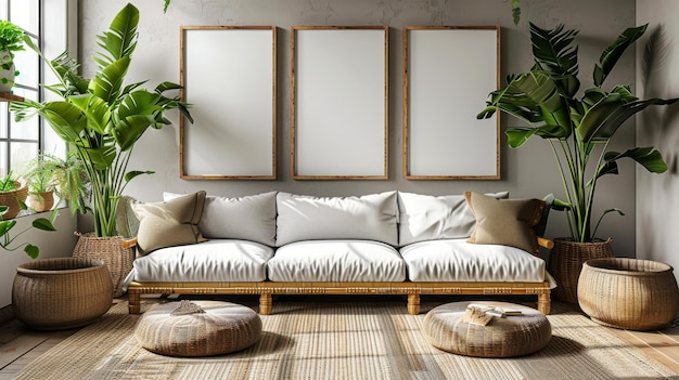 写真 3d でレンダリングされたスカンジナビア風のリビングルームの現代的なインテリアの背景のモックアップポスターフレーム