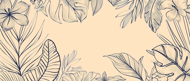 Это абстрактная цветочная линия искусства современный фон с тропическими листьями ветви растений в ручной рисунке на бежевой ботанической джунглях иллюстрация для баннеров отпечатки украшения