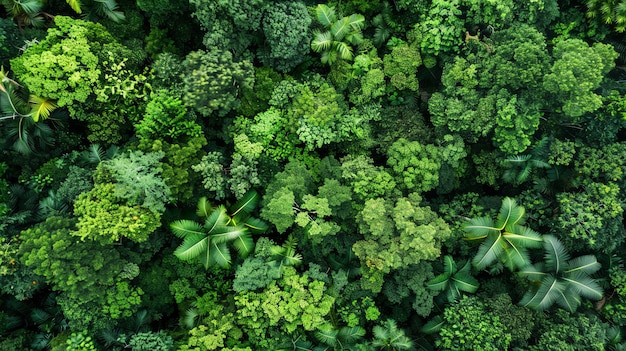 Foto questa è una vista aerea di un lussureggiante coperchio verde della foresta pluviale la densa vegetazione è composta da una varietà di specie di alberi tra cui palme e felci