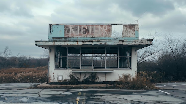 写真 これは放棄されたファストフードレストランの画像です 建物は窓が壊れ 看板が消えています