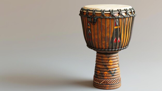 This is a beautiful djembe drum It is made of wood and has a goatskin head The drum is decorated with intricate carvings and has a rich warm sound