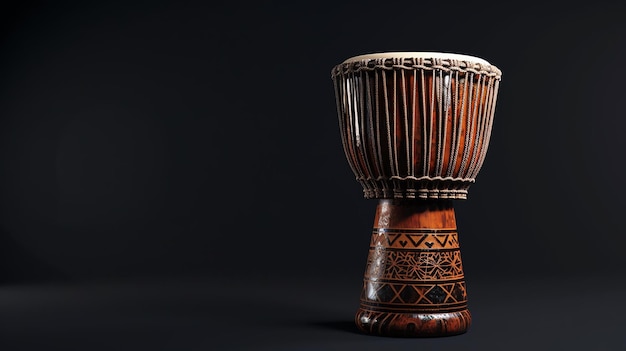 Photo this is a beautiful djembe drum it is made of wood and has a rawhide head the drum is decorated with intricate carvings