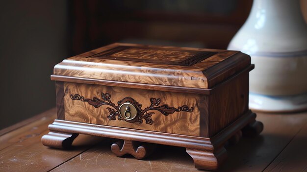 This is a beautiful handcrafted wooden box with a unique and intricate floral design The box is made of highquality wood and has a luxurious finish