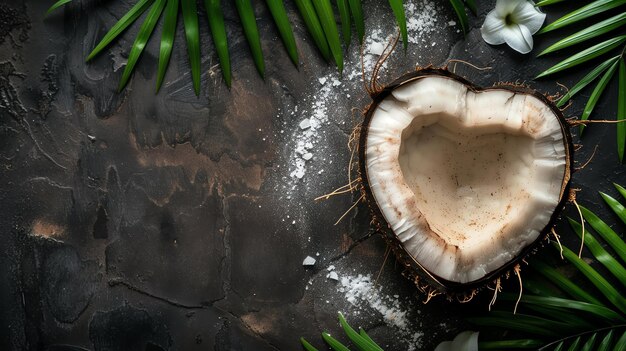 This is a beautiful image of a coconut The coconut is open and you can see the white flesh inside