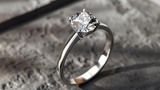 Photo this is a beautiful image of a diamond ring the ring is made of white gold and has a round diamond in the center