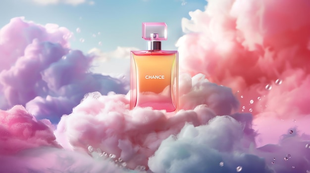 Photo this is a beautiful image of a perfume bottle on a cloud the bottle is made of glass and has a pink liquid inside