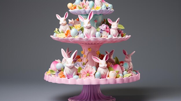 This is a beautiful image of a pink and white Easter cake stand The stand is decorated with bunnies flowers and eggs