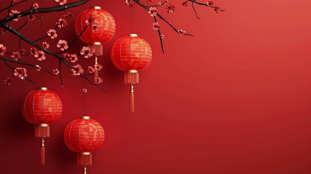 This is a beautiful image of red paper lanterns hanging from a branch of a cherry blossom tree