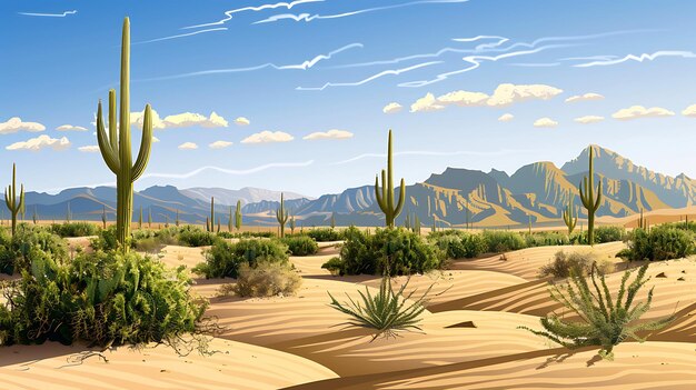 This is a beautiful landscape of a desert with giant saguaro cacti There are mountains in the background and a clear blue sky with white clouds