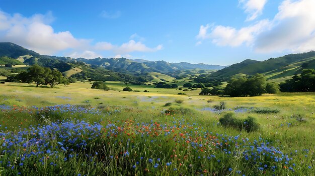 Photo this is a beautiful landscape image of a green rolling hills with wildflowers the sky is blue and there are white clouds