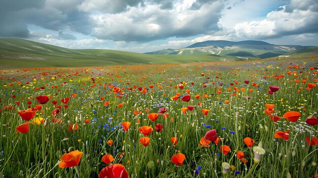 Это красивая пейзажная фотография поля цветов. Цветы в основном красные, оранжевые и желтые, а также некоторые фиолетовые и белые цветы.