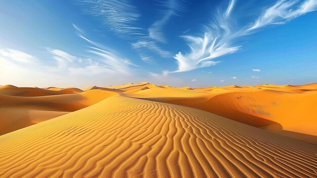 This is a beautiful landscape photograph of a vast desert with rolling sand dunes under a blue sky with white clouds