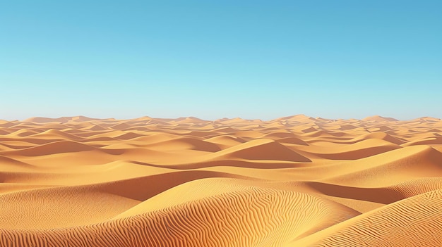 This is a beautiful landscape of a vast desert with rolling sand dunes under a clear blue sky