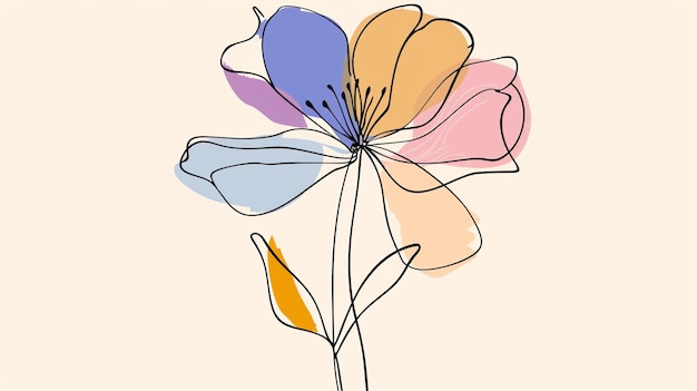 This is a beautiful minimalist line drawing of a flower The flower has five petals each a different color