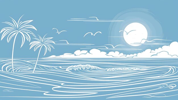 This is a beautiful minimalist vector illustration of a beach scene The white line drawing depicts a palm tree waves and a setting sun