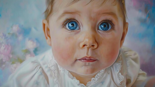 Photo this is a beautiful painting of a baby with big blue eyes looking at the viewer the baby is wearing a white dress with a lace collar