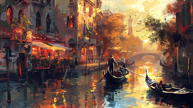 베네치아에서 곤돌라를 타는 아름다운 그림입니다. 따뜻한 색과 부드러운 빛은 만적이고 평화로운 분위기를 만니다.