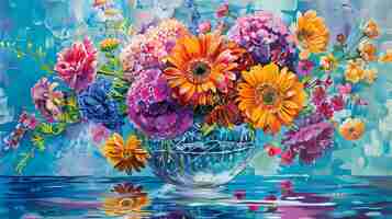 Photo this is a beautiful painting of a vase of flowers the flowers are colorful and vibrant and the vase is a lovely shade of blue