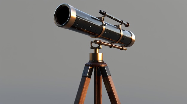 This is a beautiful rendering of a vintage telescope The telescope is made of metal and has a wooden tripod