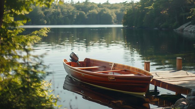 Photo this is a beautiful shot of a wooden boat docked at a pier on a calm lake the water is crystal clear and reflects the lush green trees and blue sky