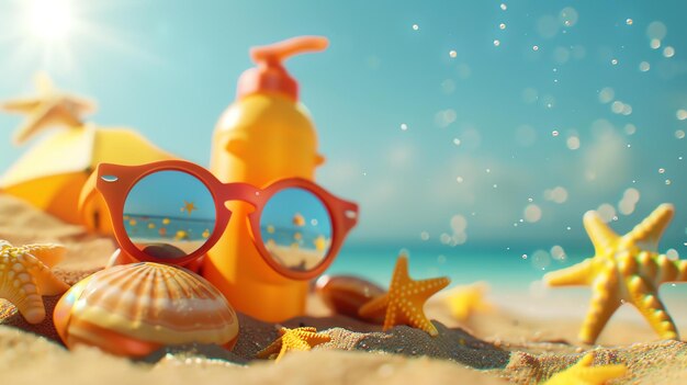 This is a beautiful summer beach scene The sand is white and soft the water is crystal clear There are seashells and starfish scattered around