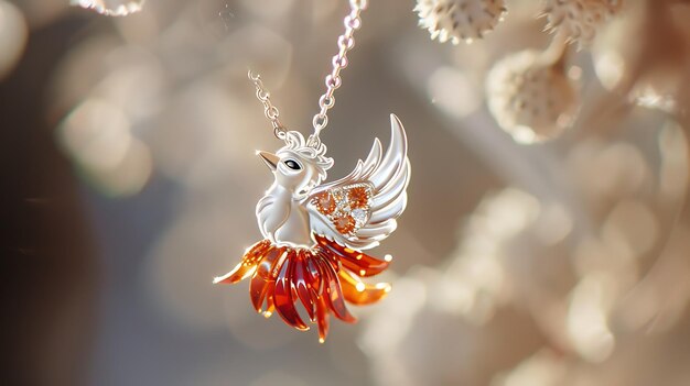 This is a beautiful and unique piece of jewelry the pendant is made of silver and features a detailed design of a phoenix rising from the ashes